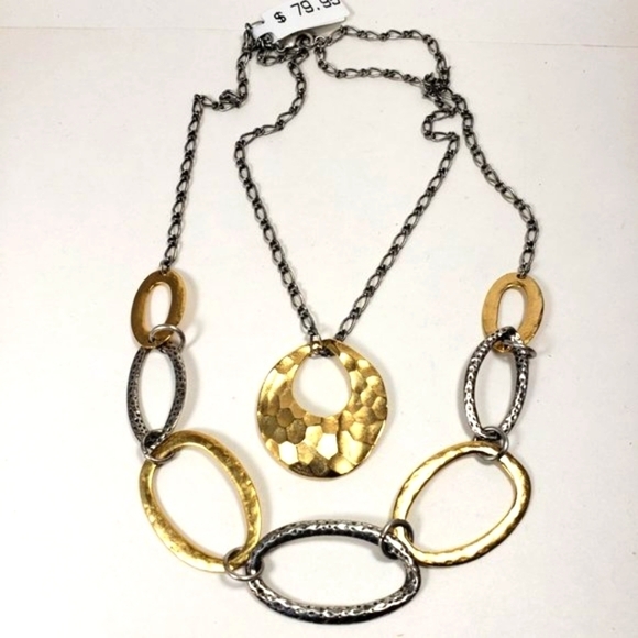 Stunning Dual Tone Multi-layered Hammered Hoops Necklace - Chic Women - 22 long - Picture 3 of 13